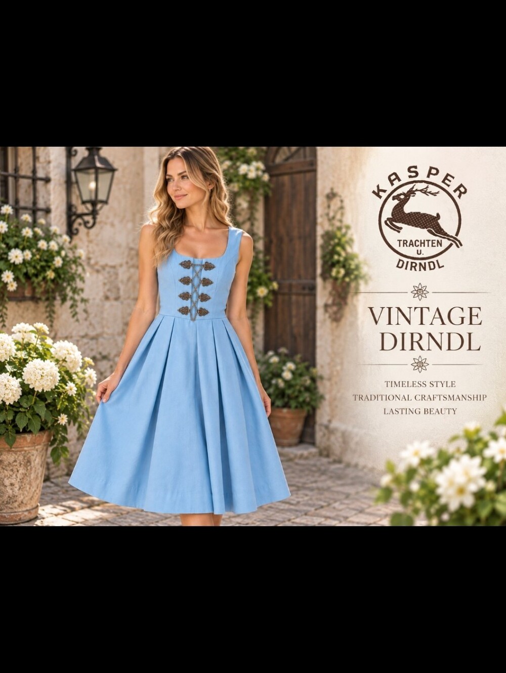 Vintage 1960s-70s Kasper Trachten Dirndl Blue German Dress EU 38 XS